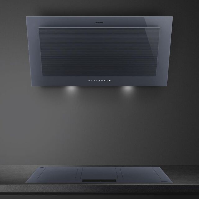 Smeg KV194G 90cm Linea Angled Chimney Auto Vent 2.0 Hood, Neptune Grey