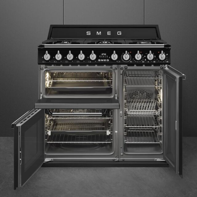 Smeg TR93BL 90cm Victoria Dual Fuel Range Cooker, Black