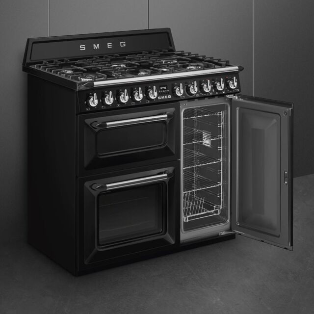 Smeg TR93BL 90cm Victoria Dual Fuel Range Cooker, Black