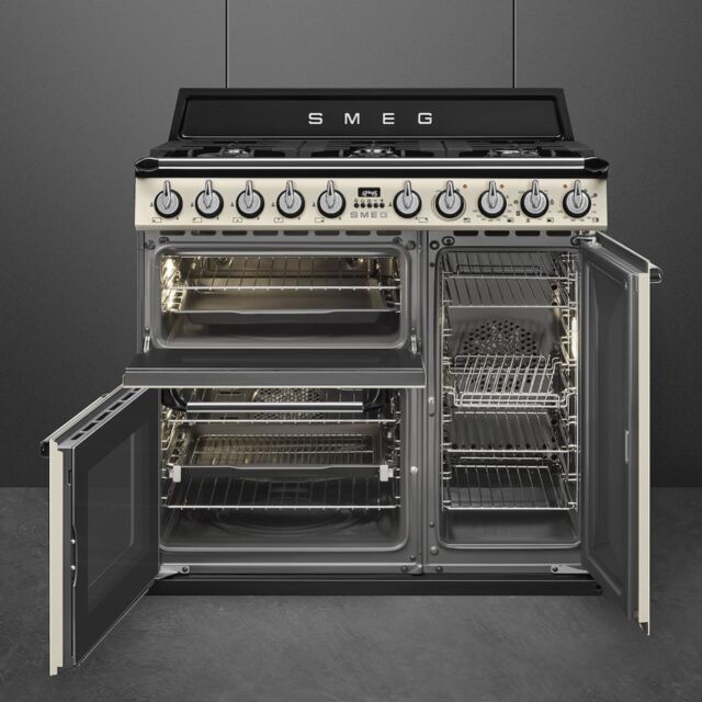 Smeg TR93P 90cm Victoria Dual Fuel Range Cooker, Cream