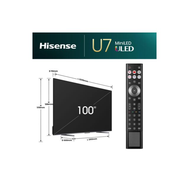 Hisense 100U7QTUK 100 inch Mini-LED 4K Ultra HD HDR 165Hz Smart AI TV with Freely