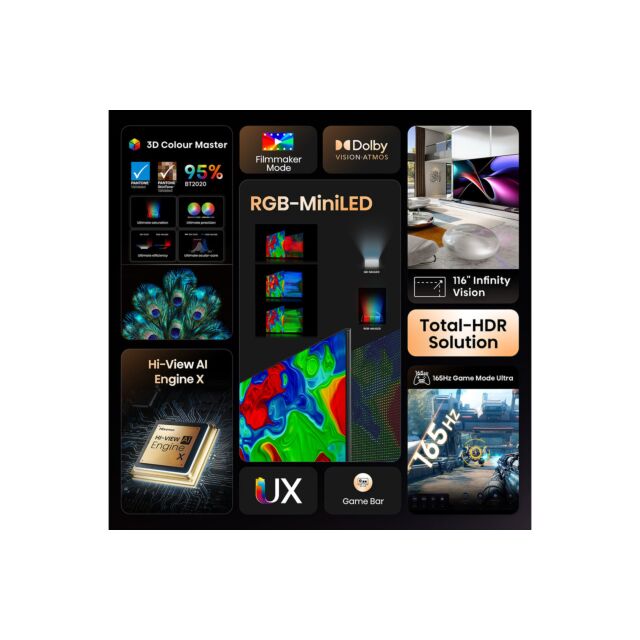 Hisense 116UXQTUK 116 inch Tri-Chroma RGB MiniLED 4K Ultra HD HDR Smart TV Freely