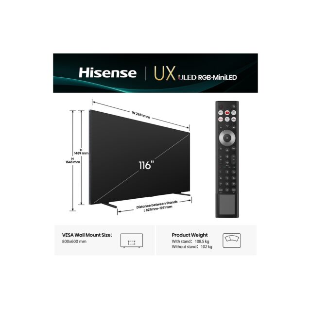 Hisense 116UXQTUK 116 inch Tri-Chroma RGB MiniLED 4K Ultra HD HDR Smart TV Freely