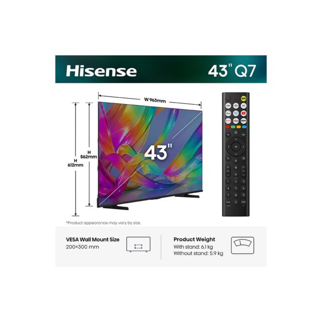Hisense 43Q7STUK 43 Inch Qled 4K Ultra HD Ai Smart TV With Freely 