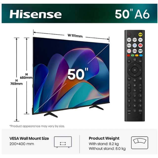 Hisense 50A6STUK 50 inch 4K Ultra HD AI Smart TV with Freely