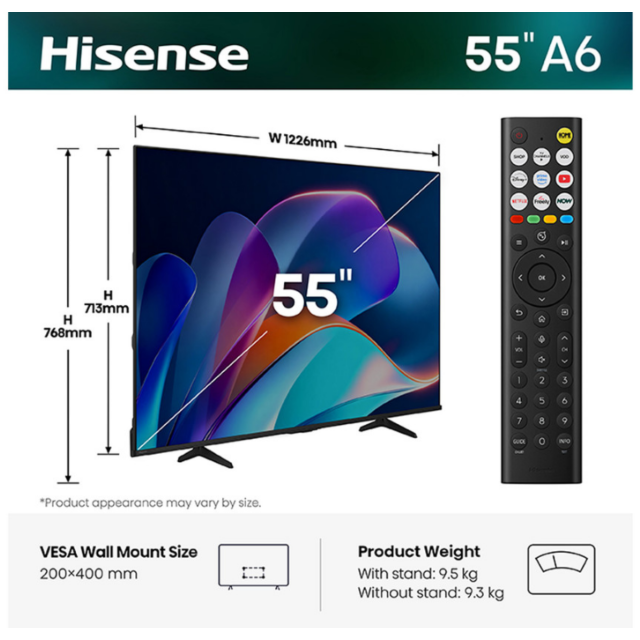 Hisense 55A6STUK 55 inch 4K Ultra HD AI Smart TV with Freely