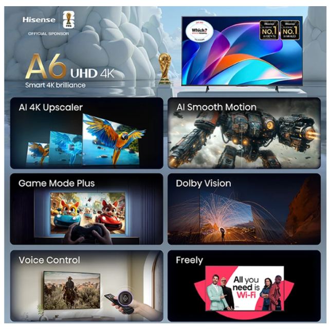 Hisense 65A6STUK 65 inch 4K Ultra HD AI Smart TV with Freely
