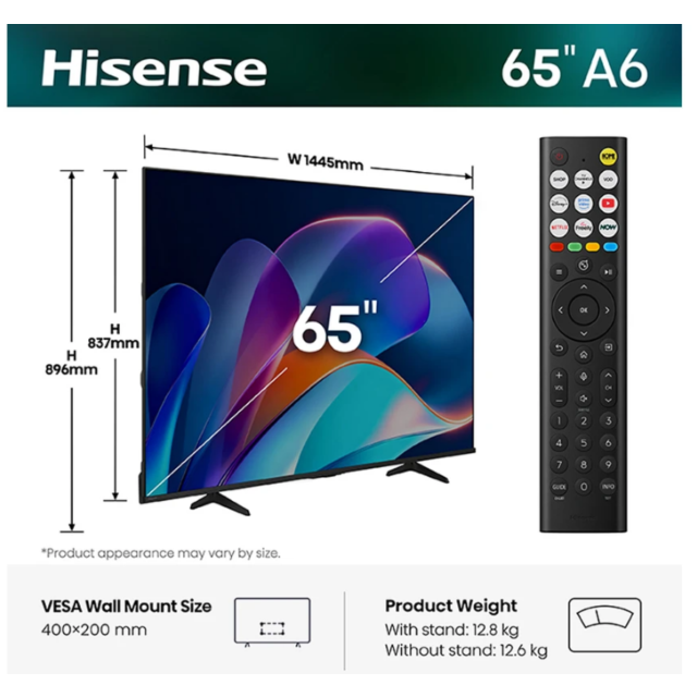 Hisense 65A6STUK 65 inch 4K Ultra HD AI Smart TV with Freely