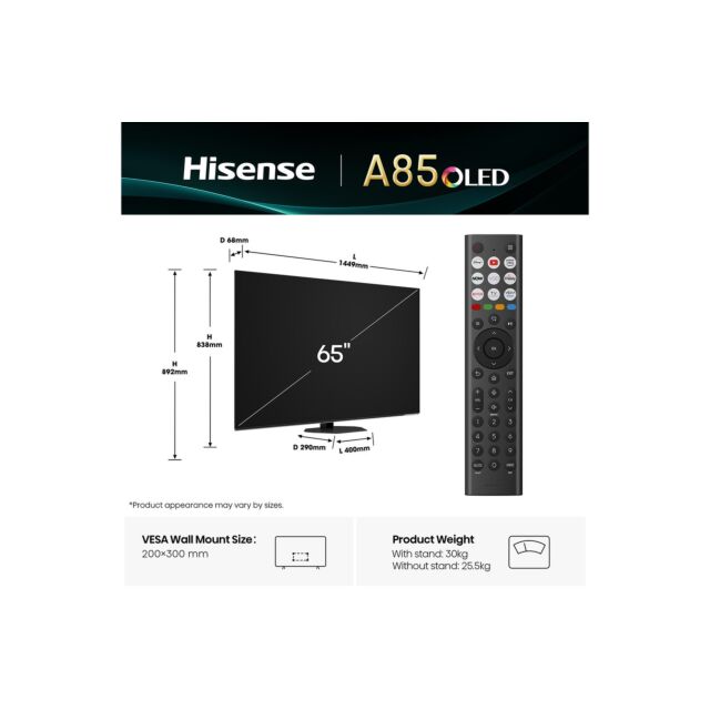 Hisense 65A85QTUK 65 inch OLED 4K Ultra HD HDR Smart AI TV with Freely