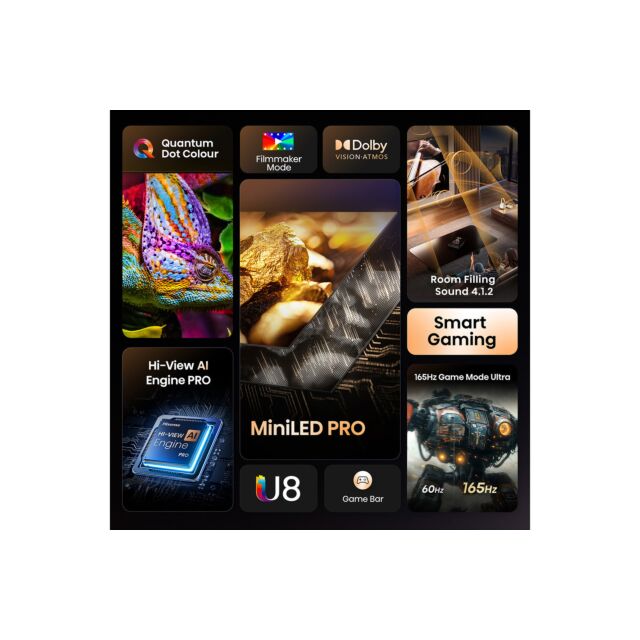 Hisense 75U8QTUK 75 inch Mini-LED 4K Ultra HD 165Hz HDR Smart AI TV with Freely