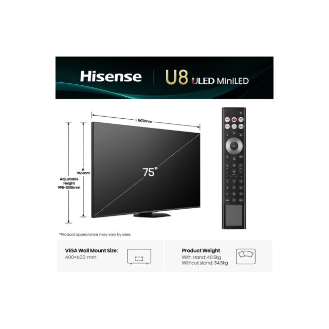 Hisense 75U8QTUK 75 inch Mini-LED 4K Ultra HD 165Hz HDR Smart AI TV with Freely
